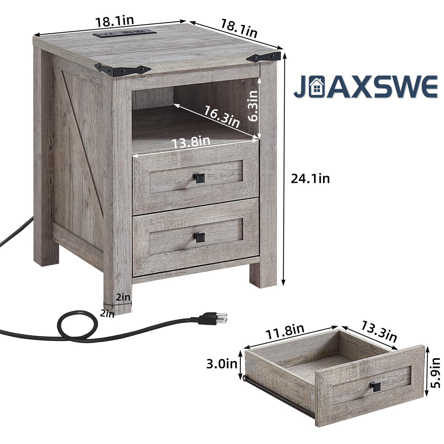 Grey nightstand with 2 drawers, open shelf, and charging cable; layout dimensions shown
