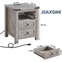 Grey nightstand with 2 drawers, open shelf, and charging cable; layout dimensions shown