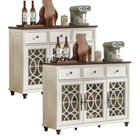 White farmhouse sideboard cabinet with 2 drawers and 3 glass-door storage panels