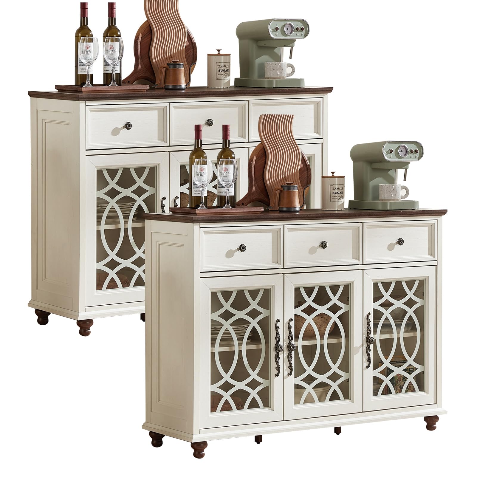 White sideboard buffet cabinet with four glass doors and two drawers