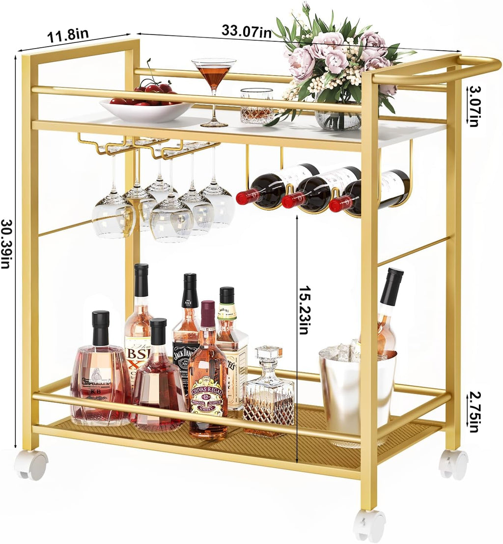Gold 2-tier beverage cart with wine rack and stemware hanging hooks, on caster wheels.