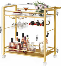 Gold 2-tier beverage cart with wine rack and stemware hanging hooks, on caster wheels.