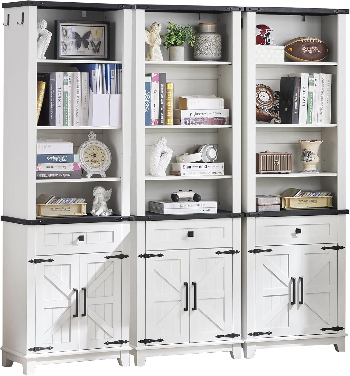 72in Tall Bookshelf 7 Tier Bookcase with Drawer and Barn Doors and Adjustable Shelves, Black Farmhouse Book Shelf with Storage Cabinet, Wood Freestanding Display Bookshelves for Living Room