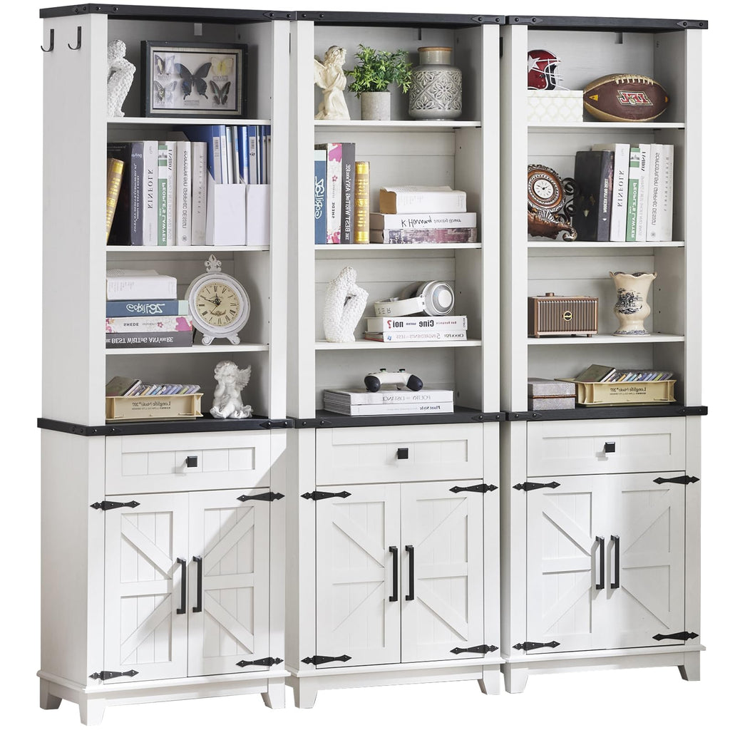 White bookcase with open cubbies, lower cabinet doors, and multiple drawers