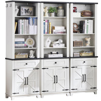 White 7-tier bookcase with open shelves and lower cabinet drawers and doors