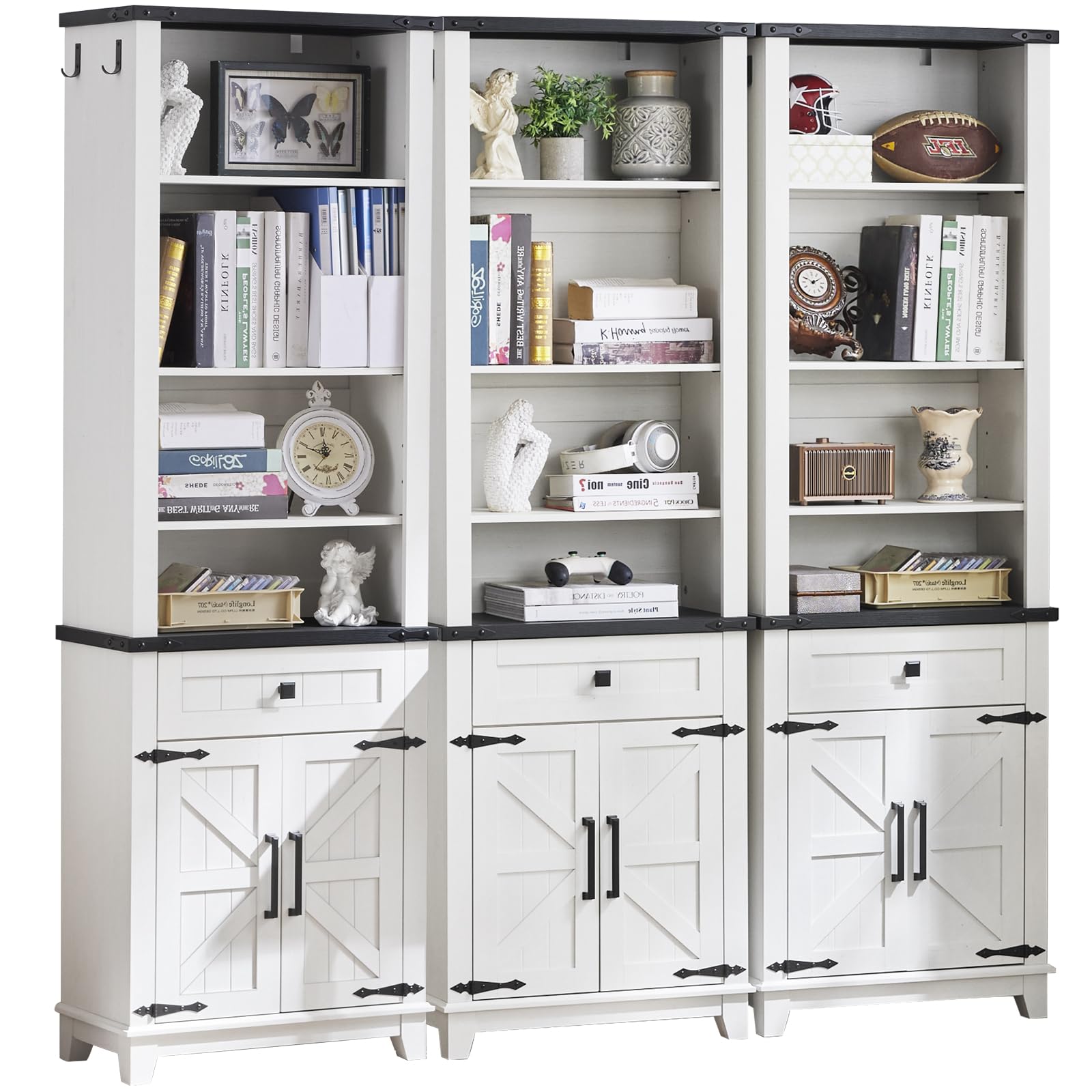 72in Tall Bookshelf 7 Tier Bookcase with Drawer and Barn Doors and Adjustable Shelves, Black Farmhouse Book Shelf with Storage Cabinet, Wood Freestanding Display Bookshelves for Living Room