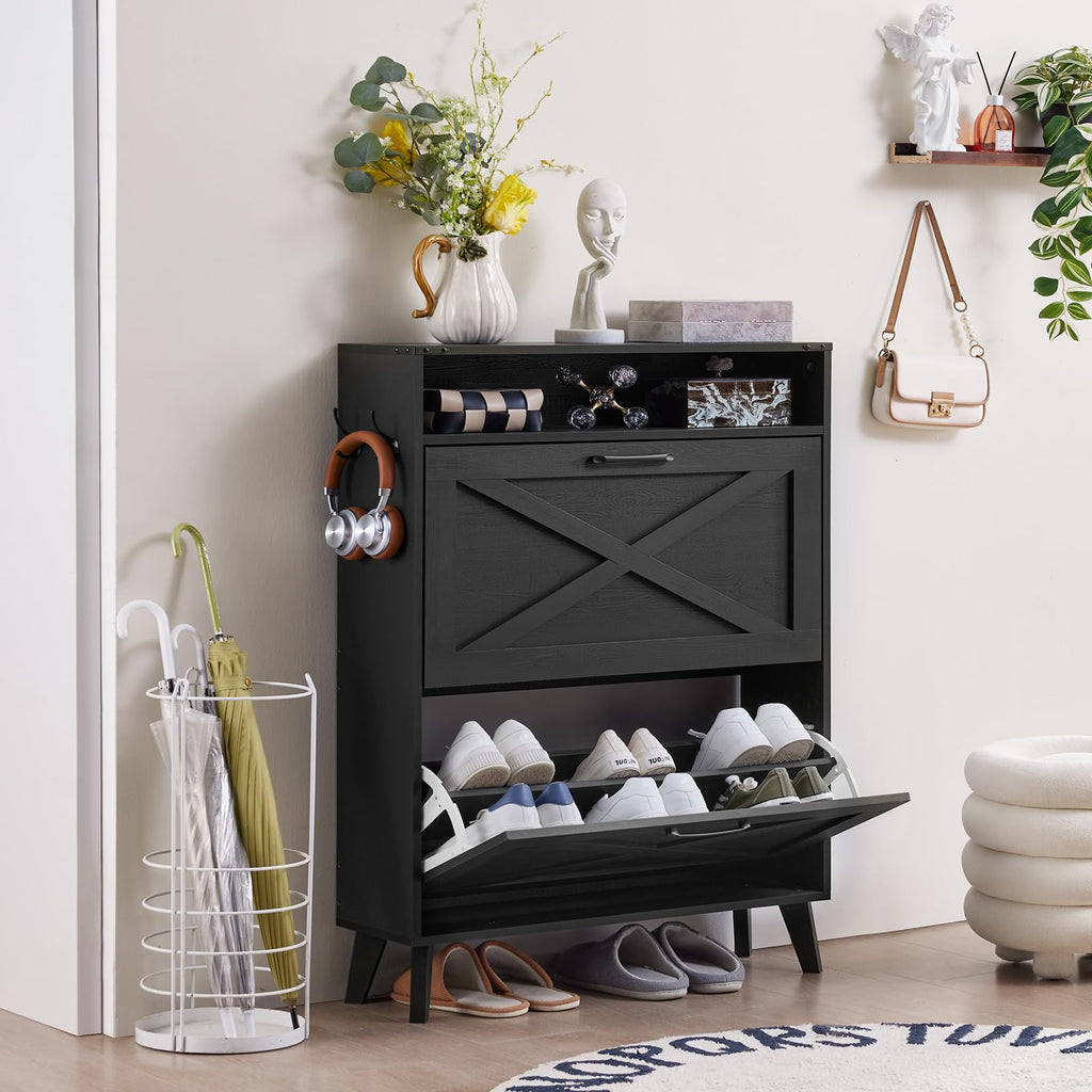 Navy shoe storage cabinet with two flip drawers, open rack holding shoes