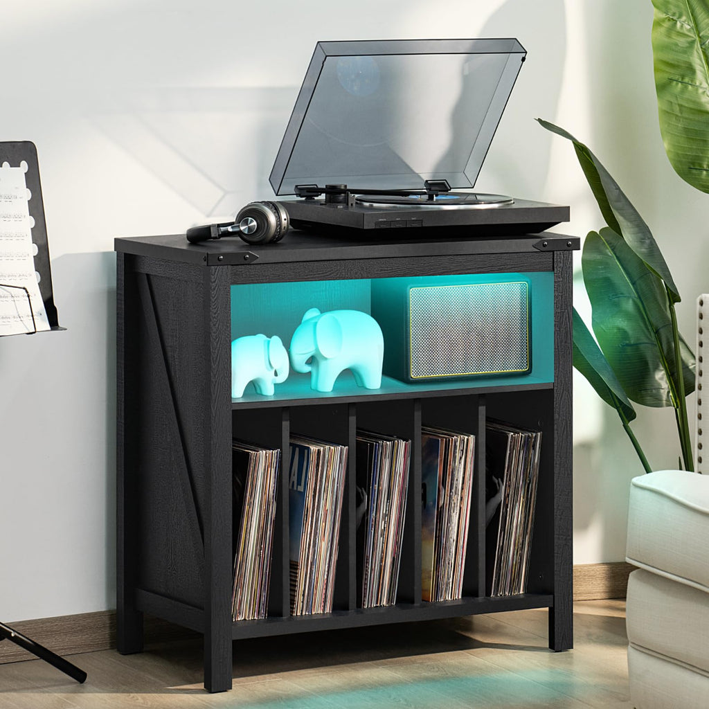Black record player stand with turntable, green LED speaker, and vinyl shelves