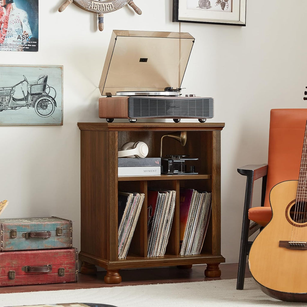 Brown wood record player stand with turntable on top and vinyl record shelves in the cabinet