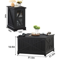 Black farmhouse side table with glass-paneled door and geometric front panels