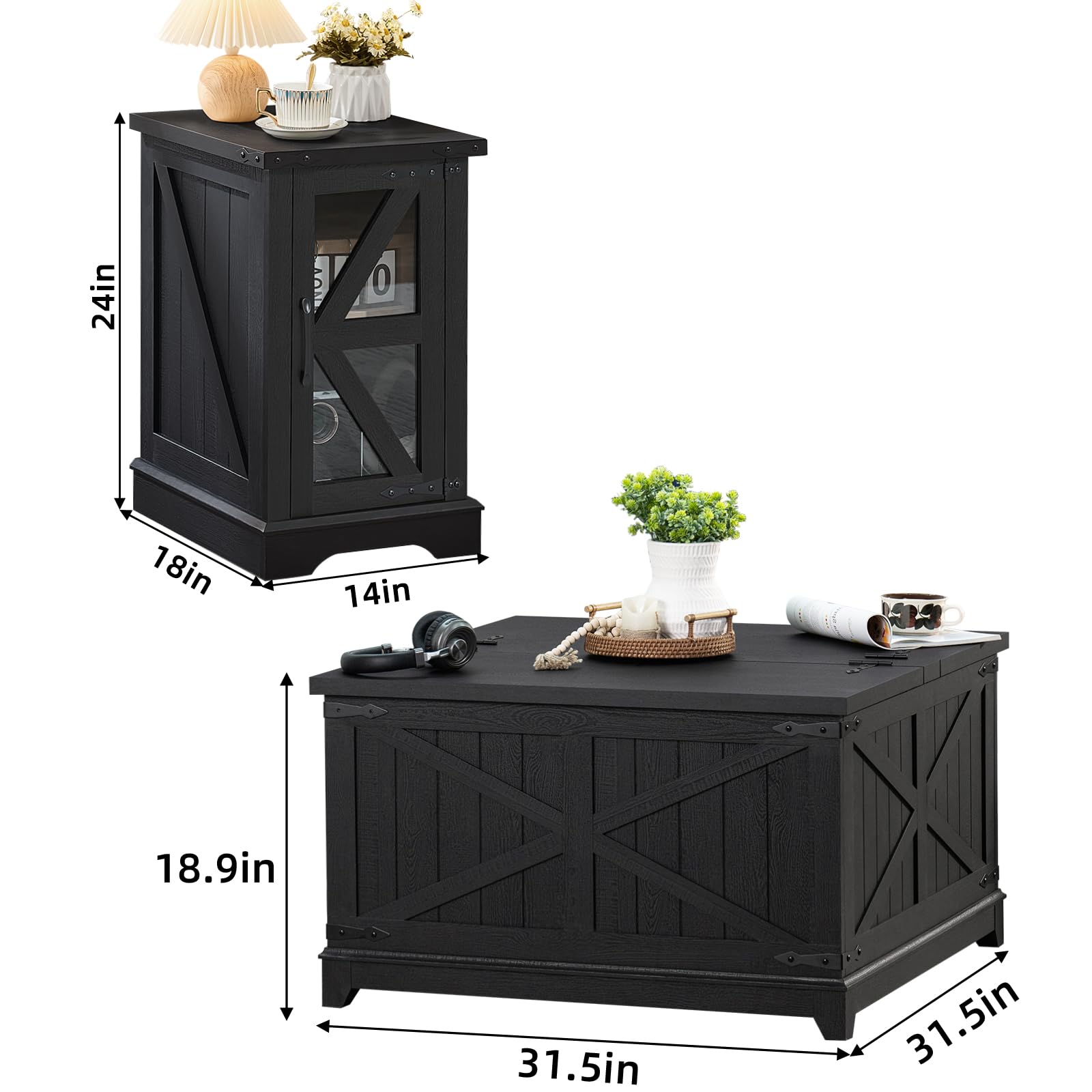 Black farmhouse side table with glass-paneled door and geometric front panels