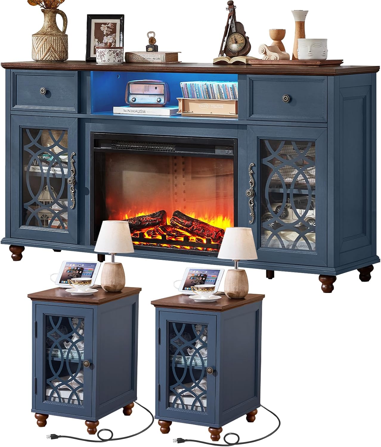 Joaxswe Farmhouse Fireplace TV Stand Sets 3,Side Table with Charger Station | 59" Fire Place TV Stands for Living Room, Entertainment Center Heater for TVs up to 65" with Open Shelves and Drawers, Blue