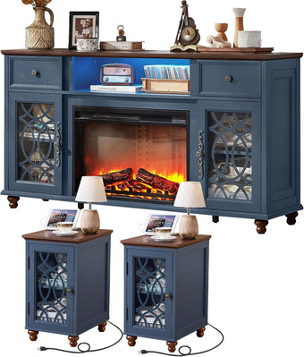 compare product Joaxswe Farmhouse Fireplace TV Stand Sets 3,Side Table with Charger Station | 59
