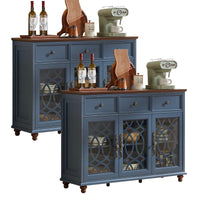 Blue farmhouse sideboard buffet cabinet with 2 drawers and 3 glass-panel cabinet doors