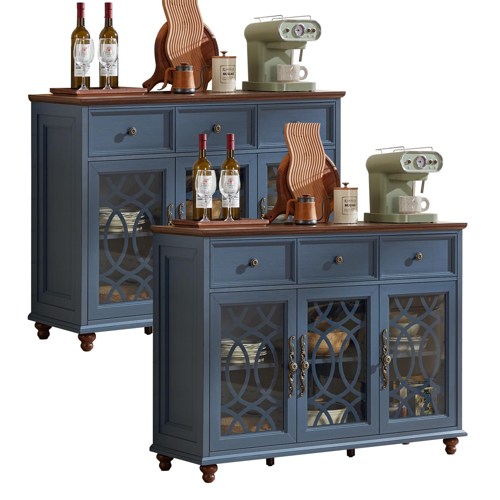 Blue farmhouse sideboard cabinet with 2 drawers and 4 glass doors, lattice panel design