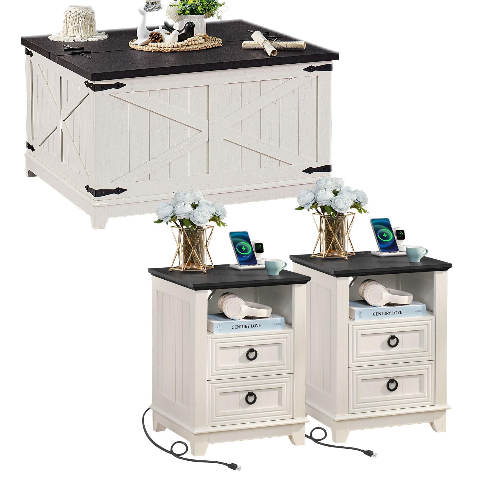 Farmhouse coffee table set of 3 in white, coffee table with hidden storage and two drawer units