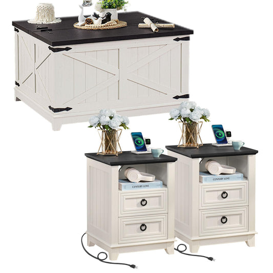Farmhouse Coffee Table Set of 3, Furniture Set with Charging Station, Coffee Table with Hidden Storage Organizer and Nightsand 3-piece set, Country Center Table Set for Living Room,Office, Home