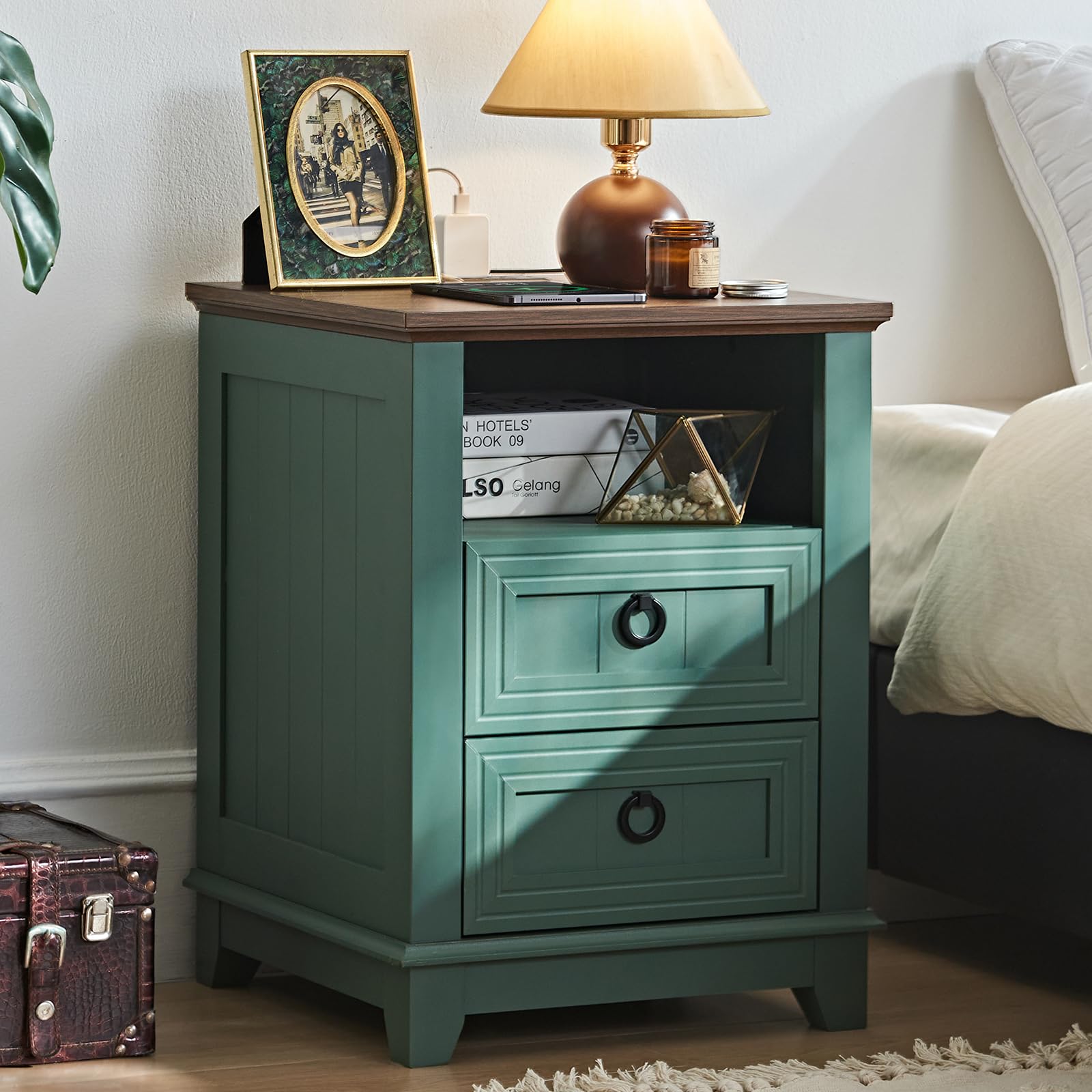Green farmhouse nightstand with three drawers and round metal handles