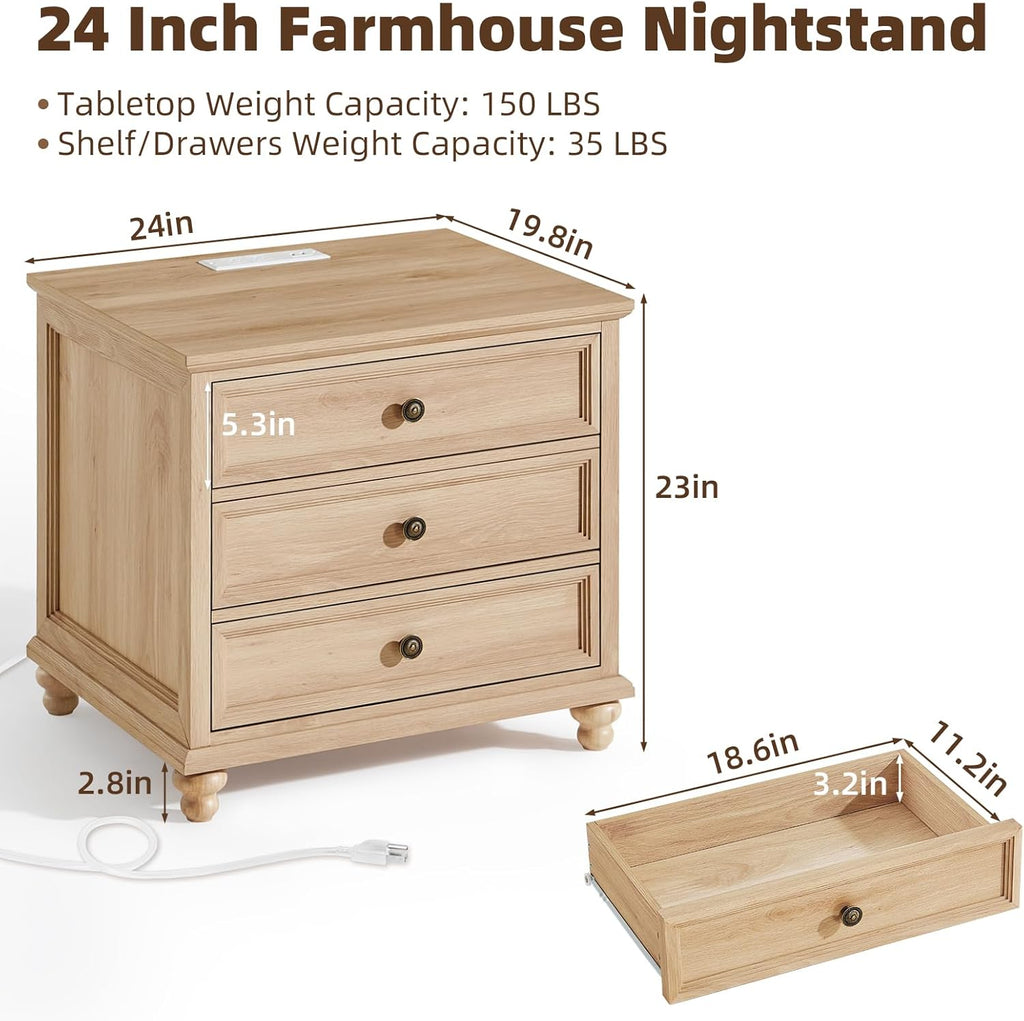 Natural wood farmhouse nightstand, 3-drawer cabinet shown with size dimensions and top view.