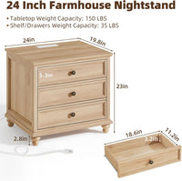 Natural wood farmhouse nightstand, 3-drawer cabinet shown with size dimensions and top view.