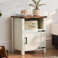 Joaxswe 18-Inch Nightstand with Charging Station and Fluted Door,Dark Blue | 18-inch bedside table with AC and USB charging, open storage and a magnetic fluted door for bedroom essentials