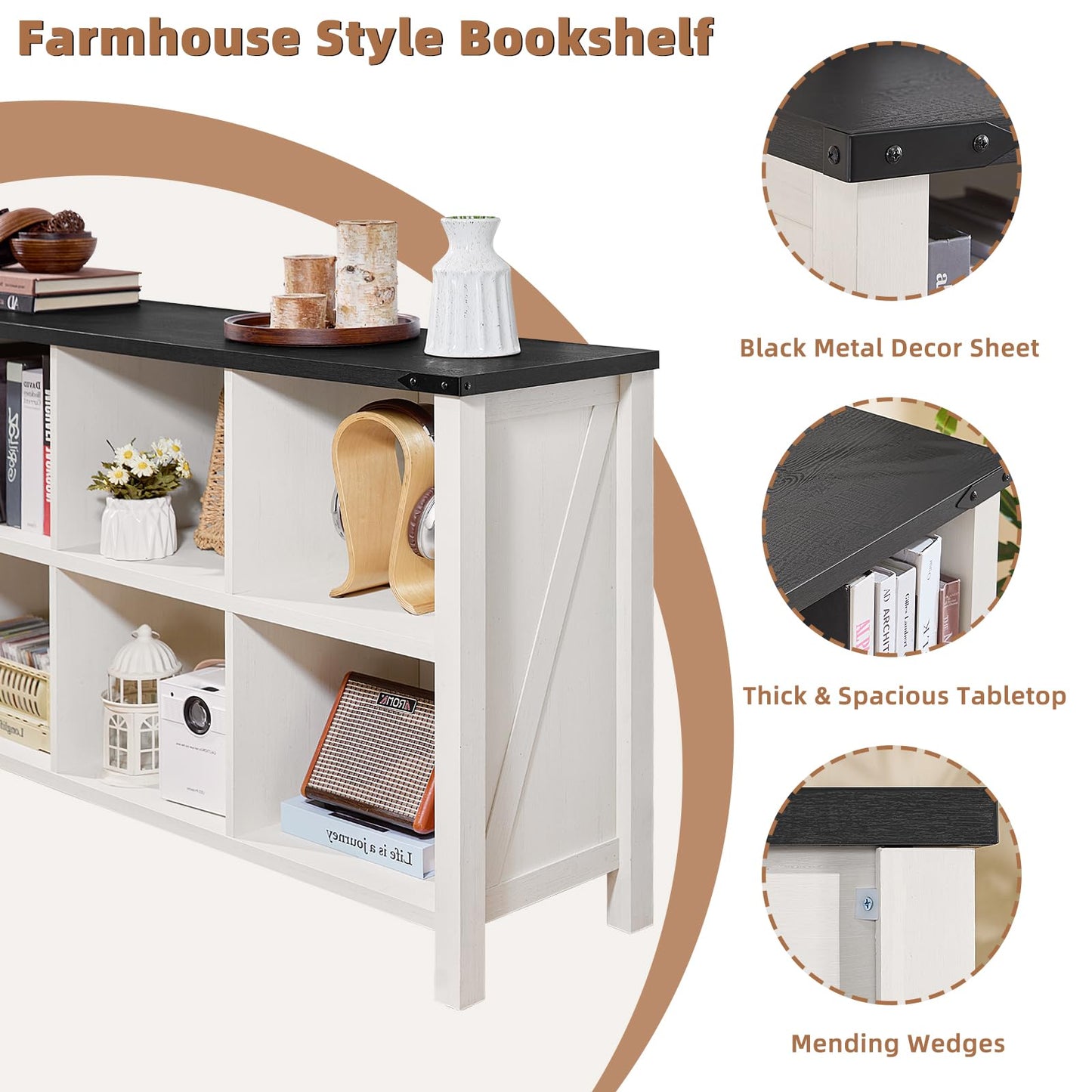 White farmhouse bookcase with open shelves, black tabletop, and metal support brackets