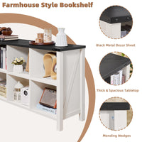 White farmhouse bookcase with open shelves, black tabletop, and metal support brackets