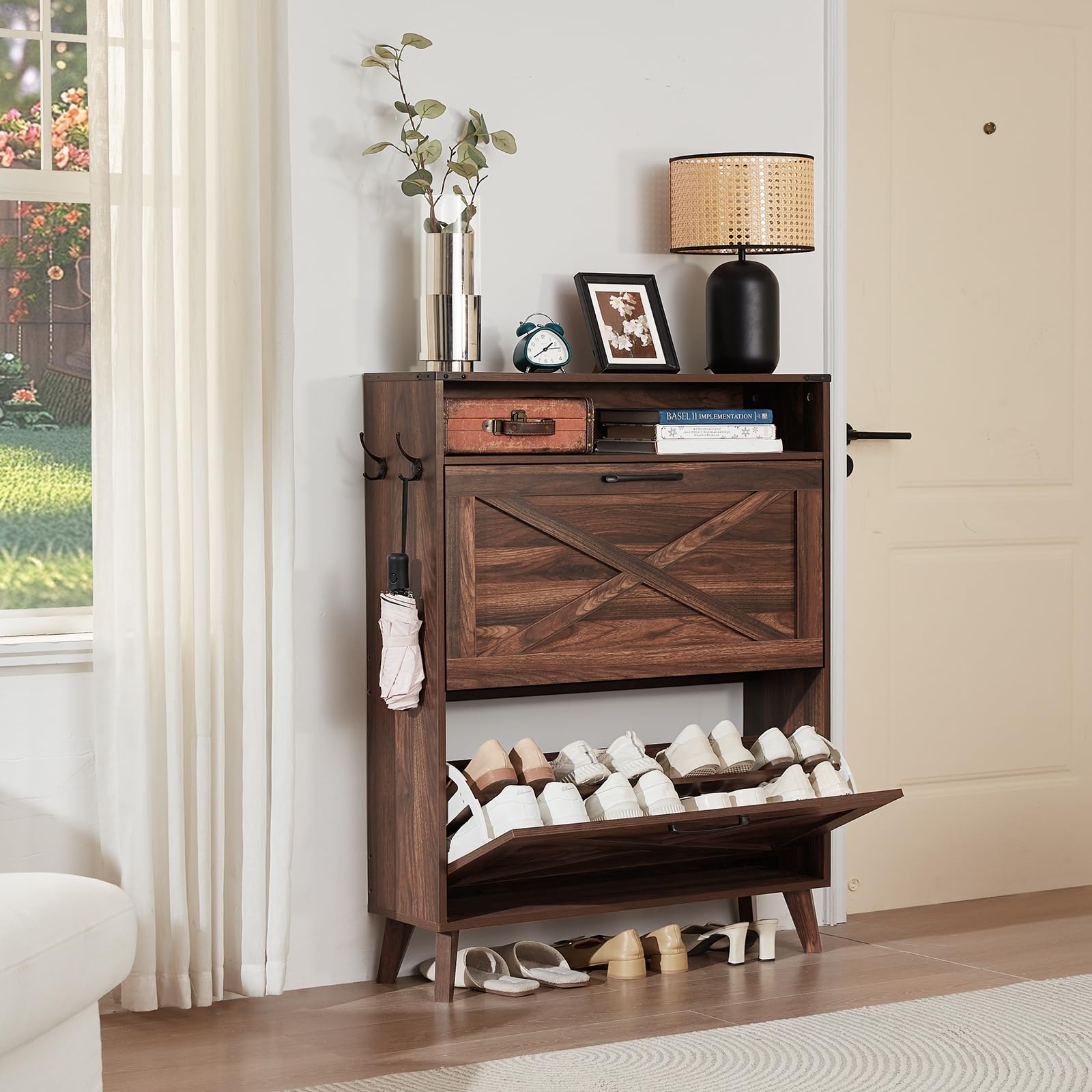 Shoe storage cabinet with flip-down drawers and open shelves, brown wood finish