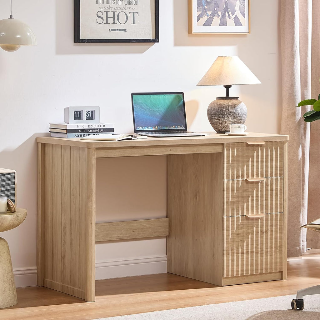 48" Modern Fluted Executive Desk with Storage Cabinet, Natural Wood Home Office Desk with File Drawer & Metal Handles, Large Computer Writing Table for Office,Study, Living Room, Bedroom
