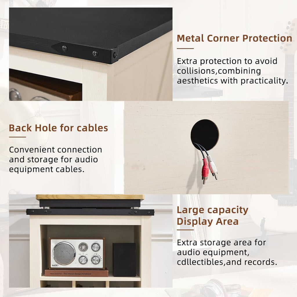 Record player stand feature graphic showing cable hole, corner protection, and display area