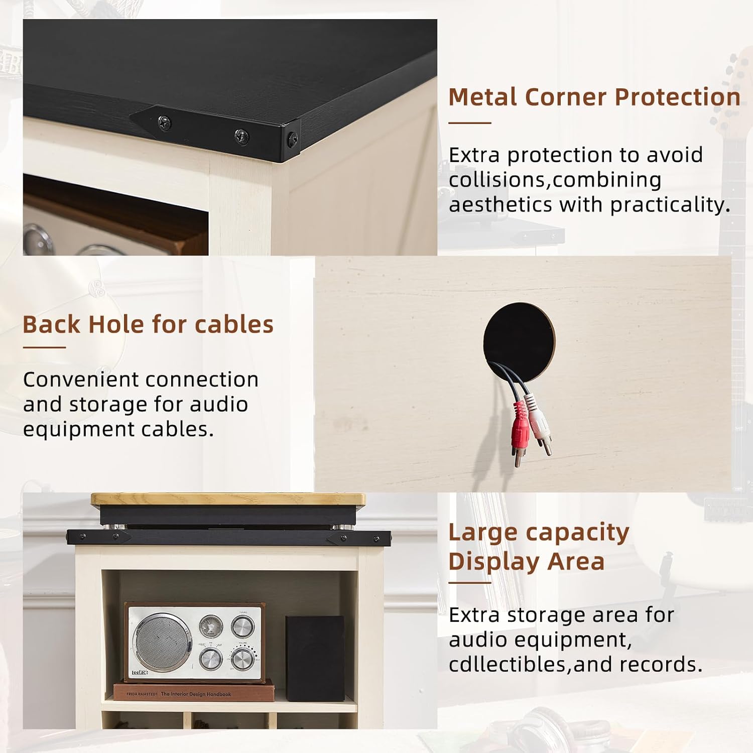Record player stand feature graphic showing cable hole, corner protection, and display area