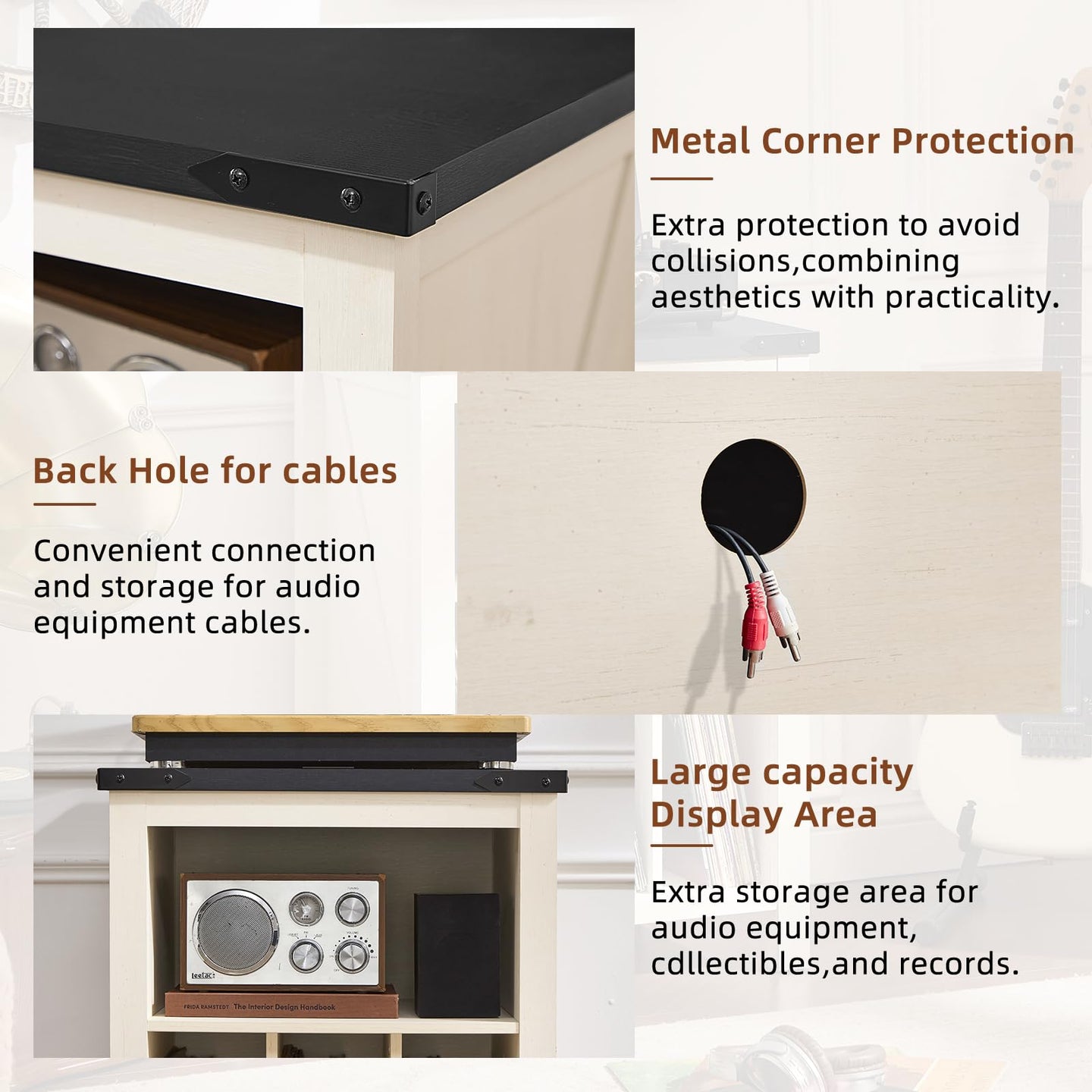 Record player stand design showing back cable hole, corner protection, and storage area