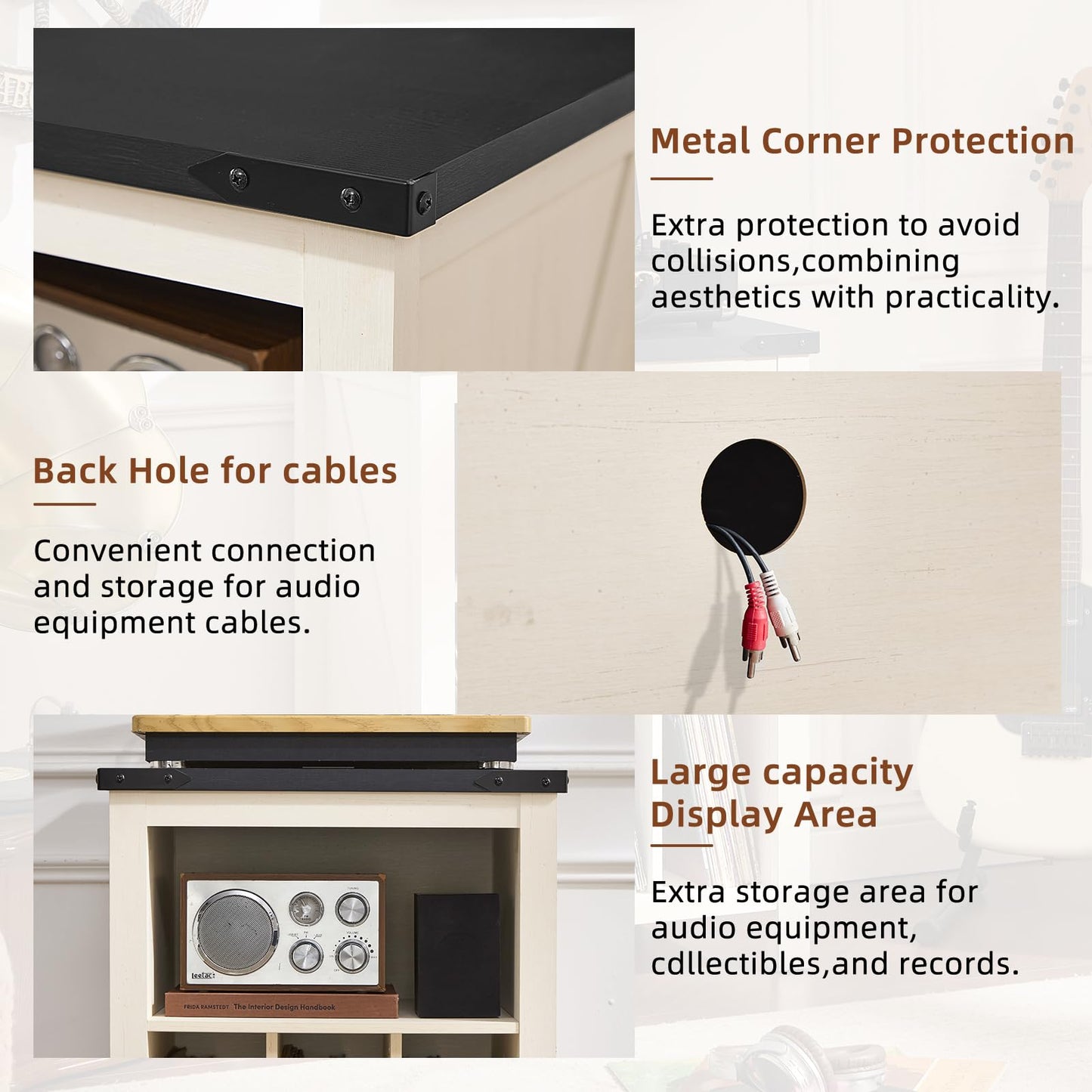 Record player stand design showing back cable hole, corner protection, and storage area