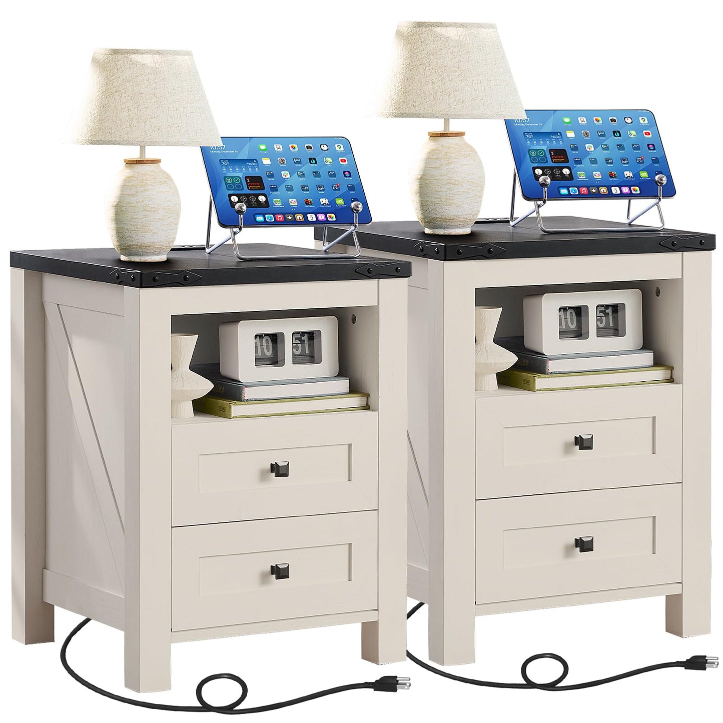 White farmhouse nightstand with charging top, two drawers, and open shelf