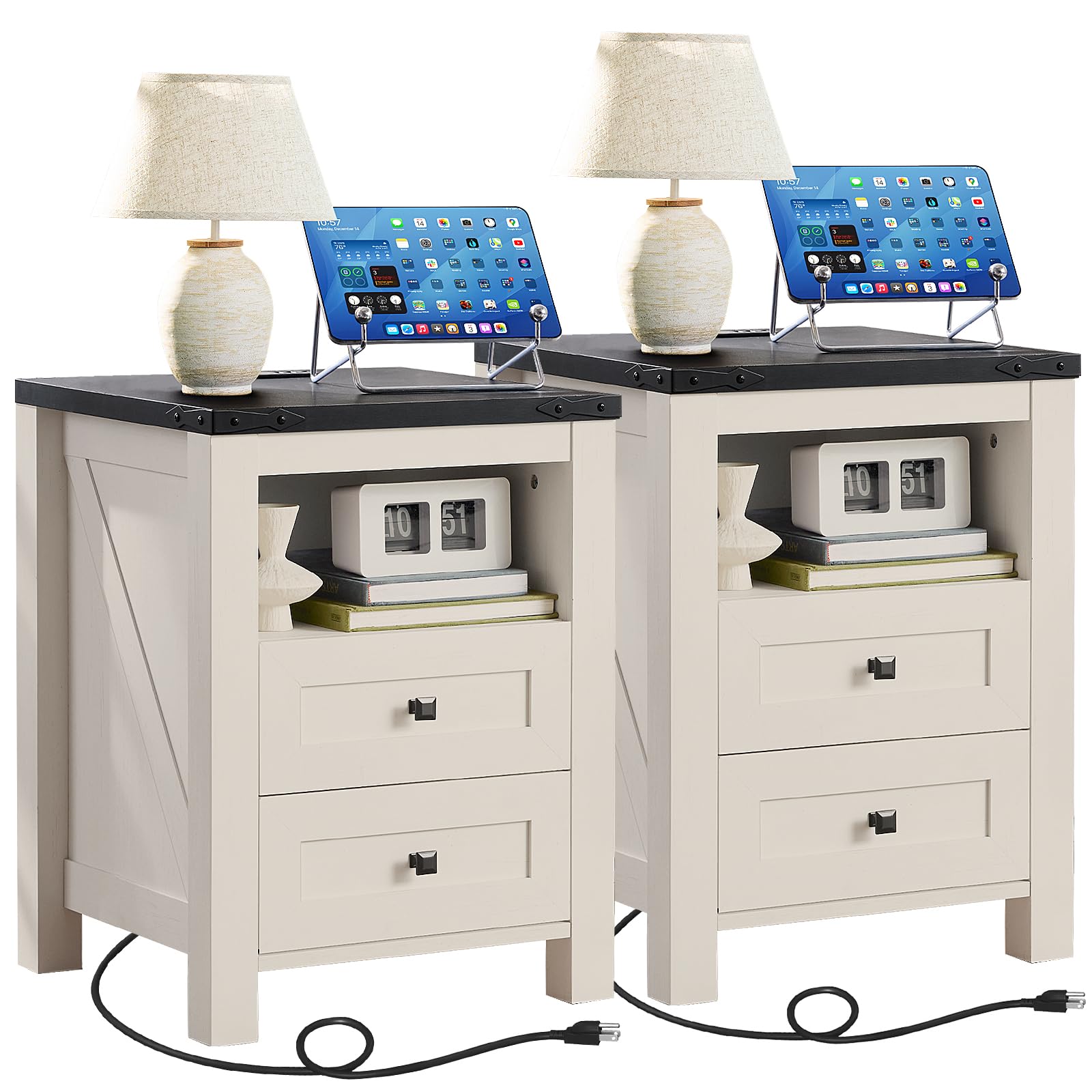 White farmhouse nightstand with charging top, two drawers, and open shelf