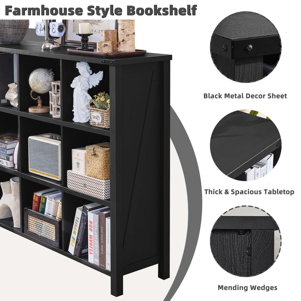 Black farmhouse bookcase with open shelves, angled cabinet corner and metal corner hardware