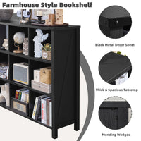 Black farmhouse bookcase with open shelves, angled cabinet corner and metal corner hardware
