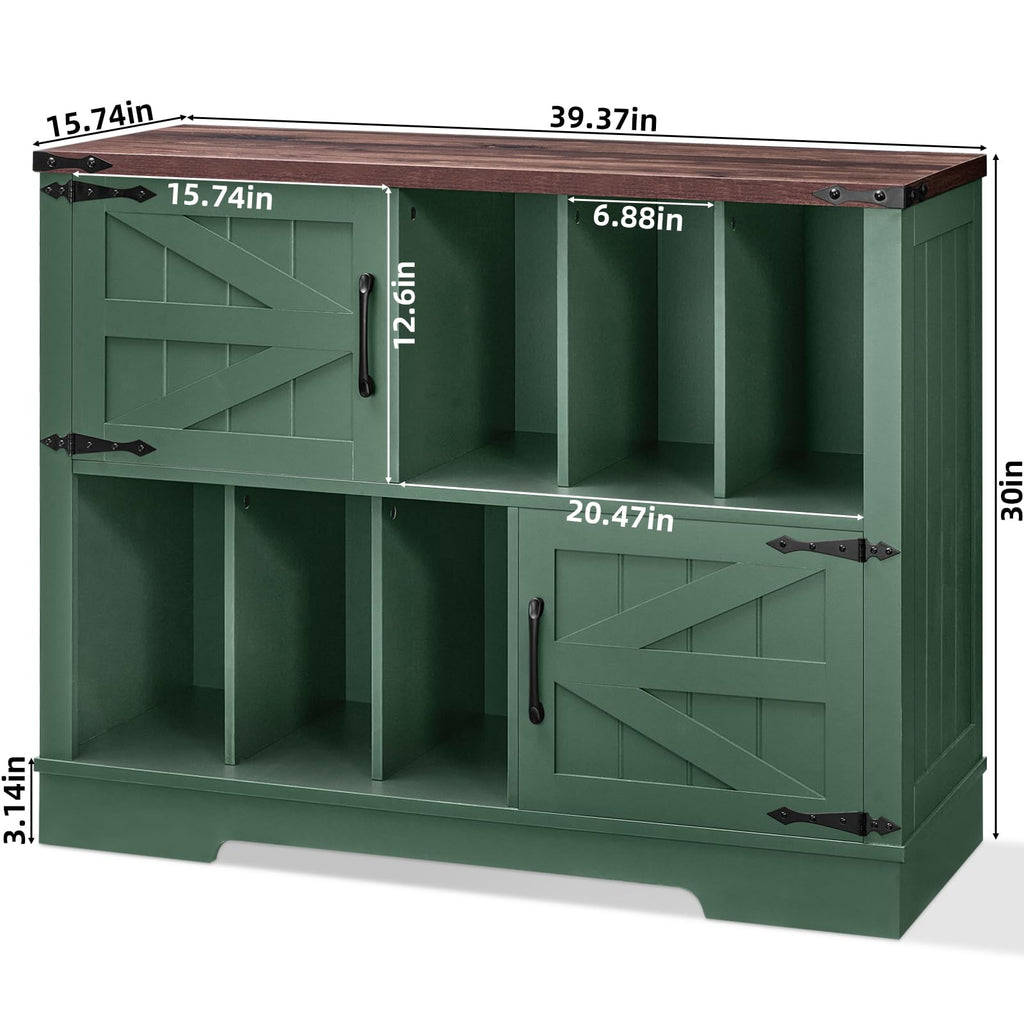 Green record player cabinet with barn doors and vinyl storage, side view with size labels