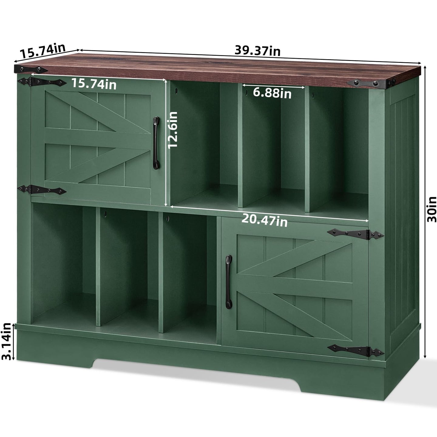 Green record player stand with open storage bays and barn-style door panels.
