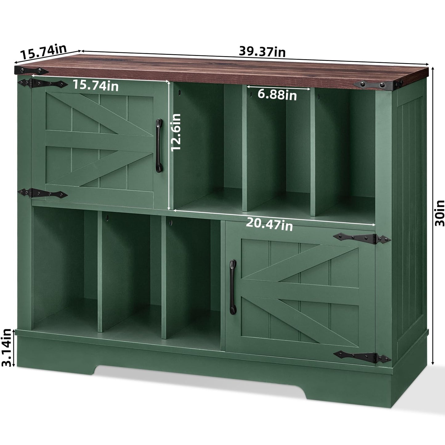 Green record player stand with open storage bays and barn-style door panels.