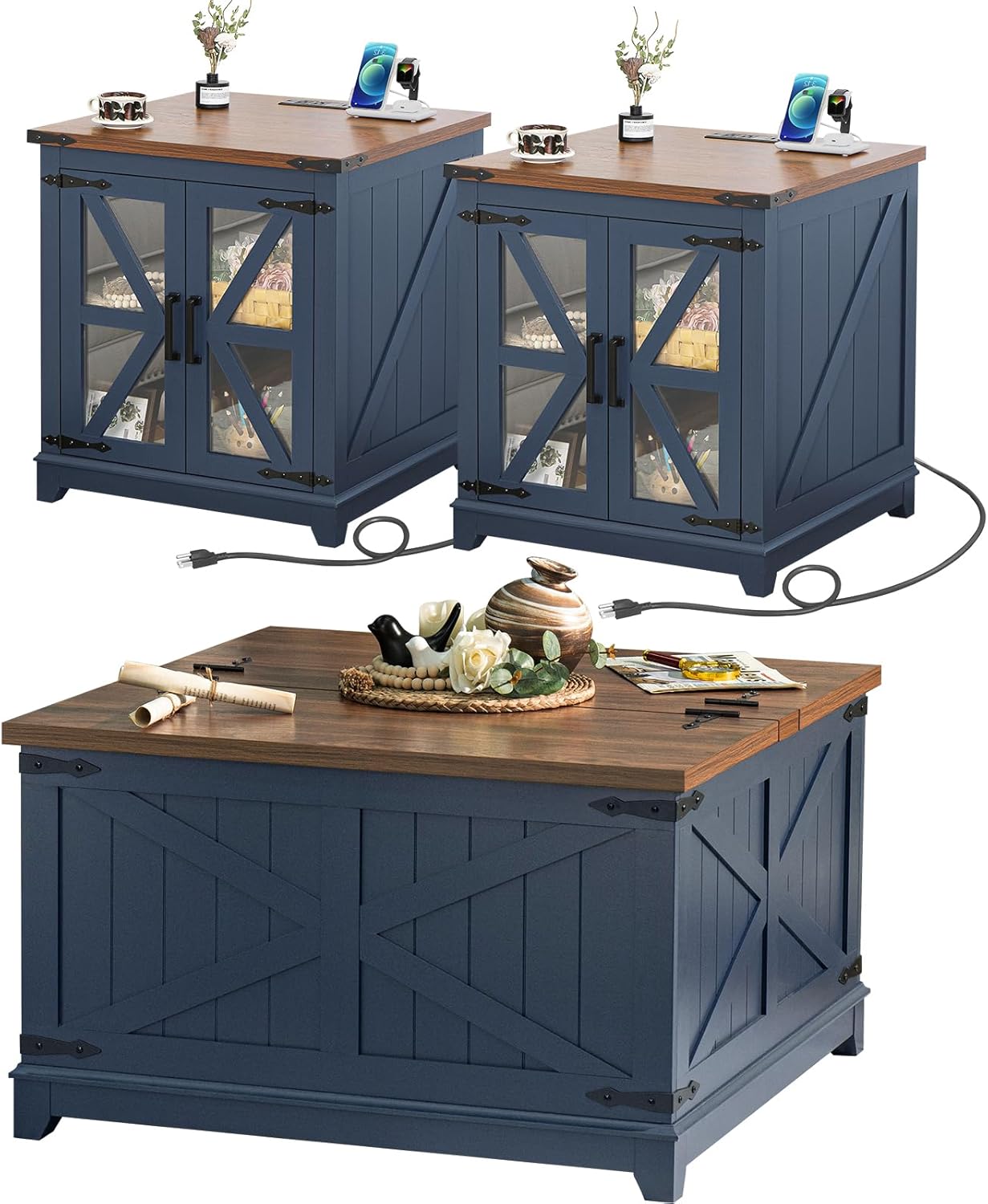 Blue farmhouse coffee table set: three wood tables with open shelves and visible charging cords