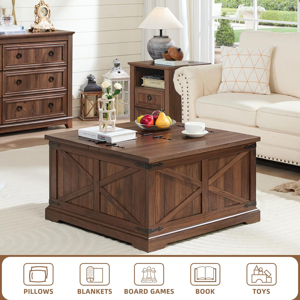 Brown square farmhouse coffee table with hinged lift top and X-patterned cabinet front