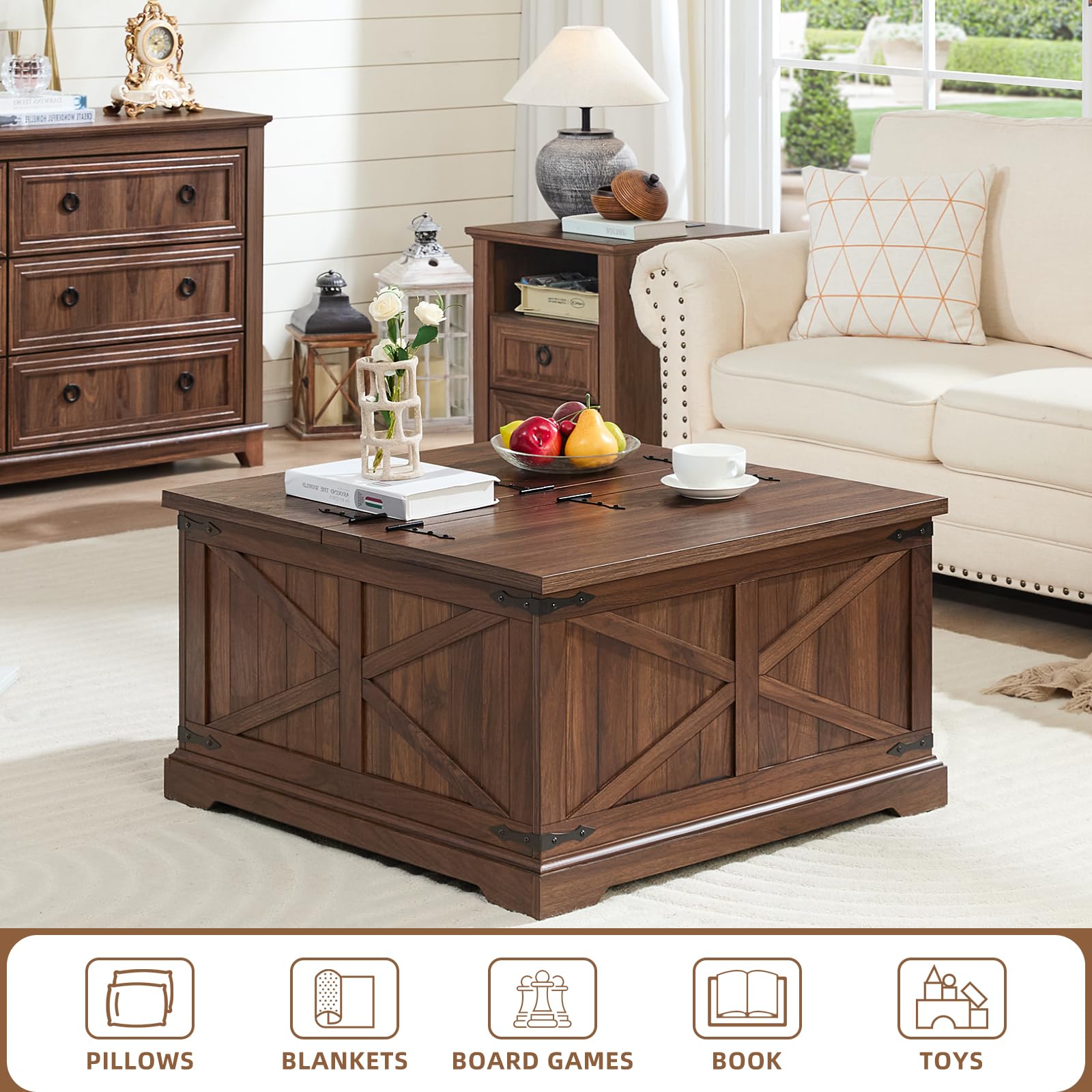 Brown square farmhouse coffee table with hinged lift top and X-patterned cabinet front