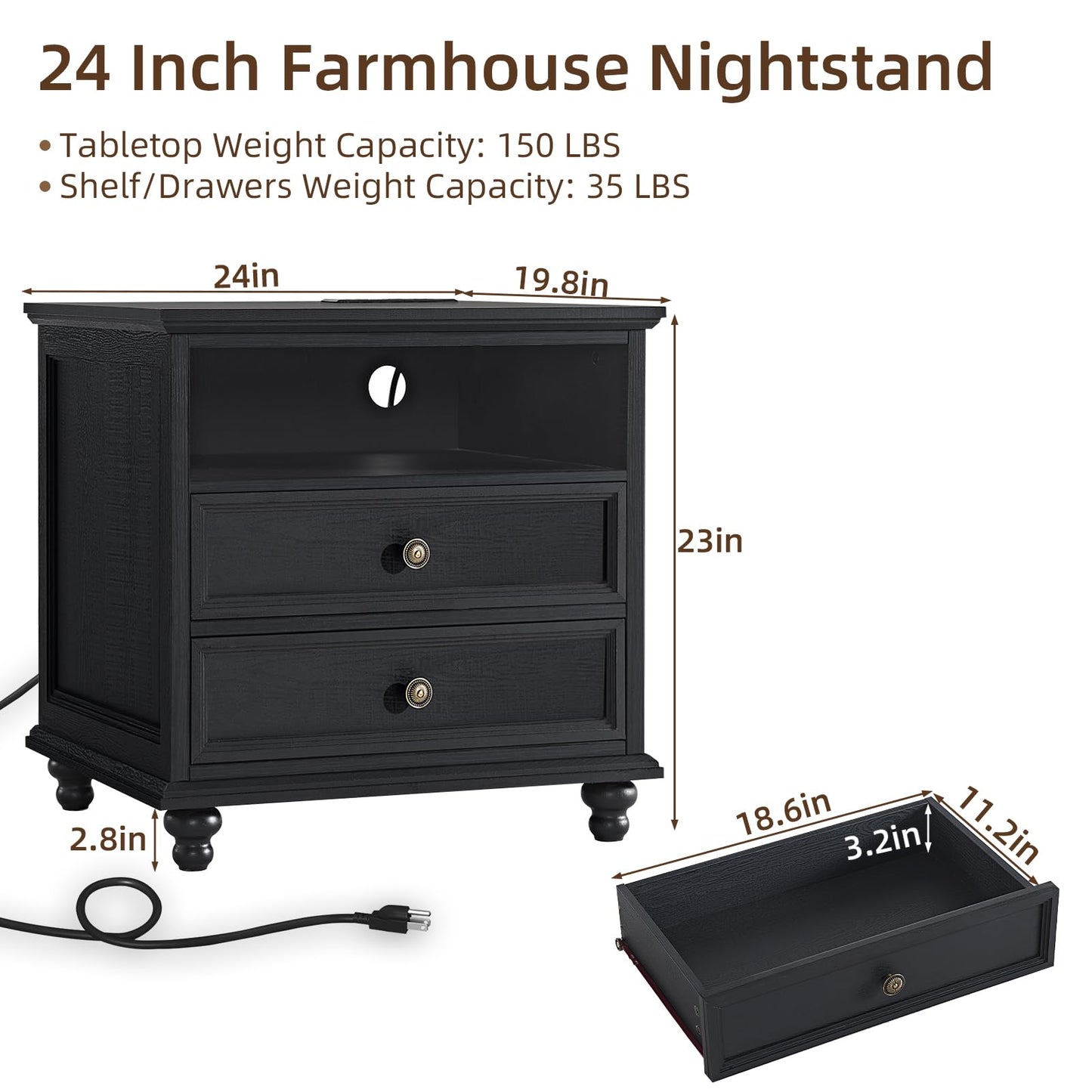 Black 24-inch nightstand with open shelf, two drawers, and turned support feet