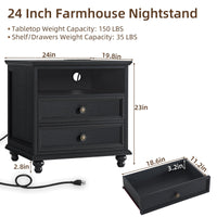 Black 24-inch nightstand with open shelf, two drawers, and turned support feet