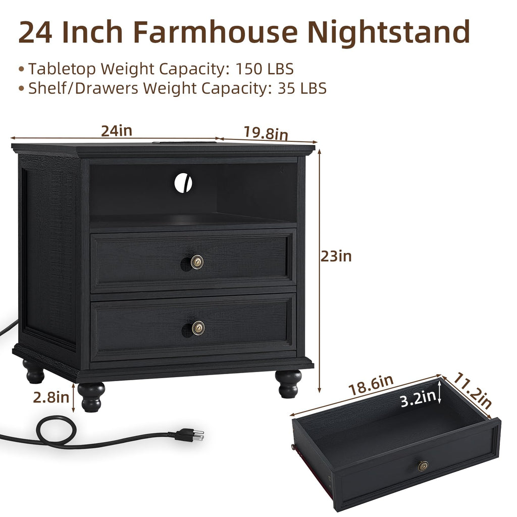 Dark blue wooden nightstand with open shelf, 2 drawers, and round knob pulls