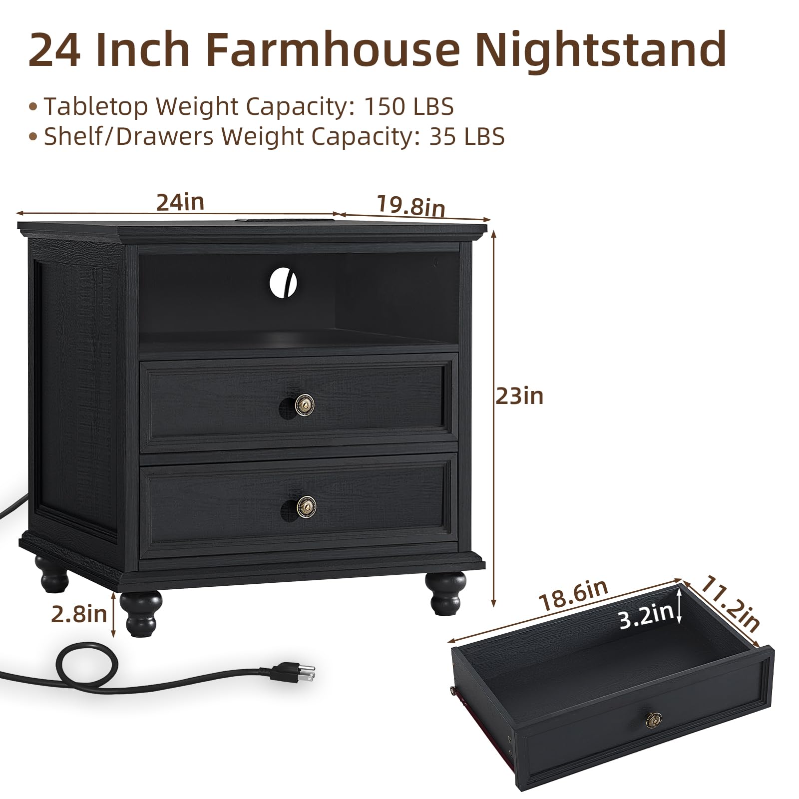 Dark blue wooden nightstand with open shelf, 2 drawers, and round knob pulls