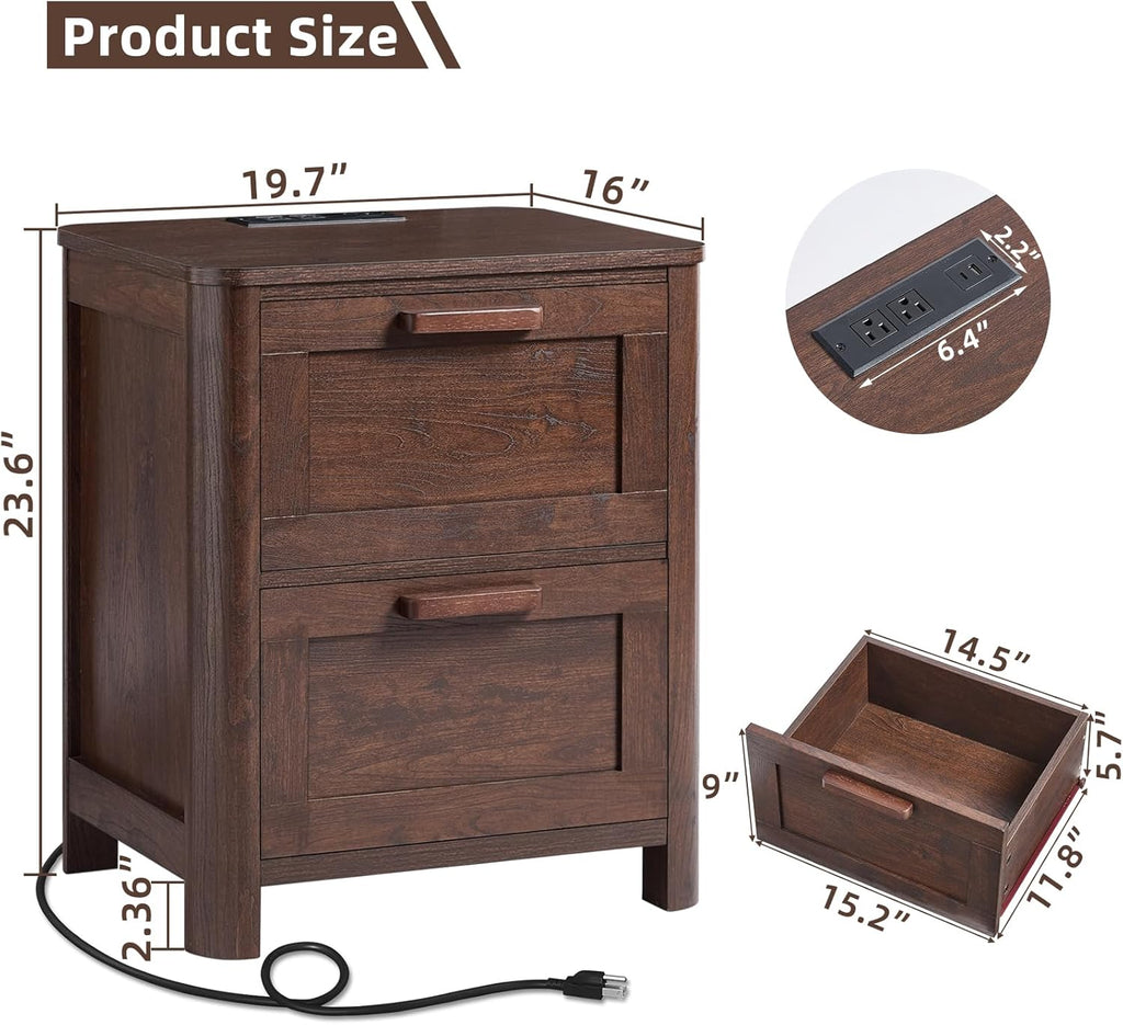 Walnut nightstand size diagram with two drawers and charging-cable port