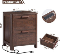 Walnut nightstand size diagram with two drawers and charging-cable port