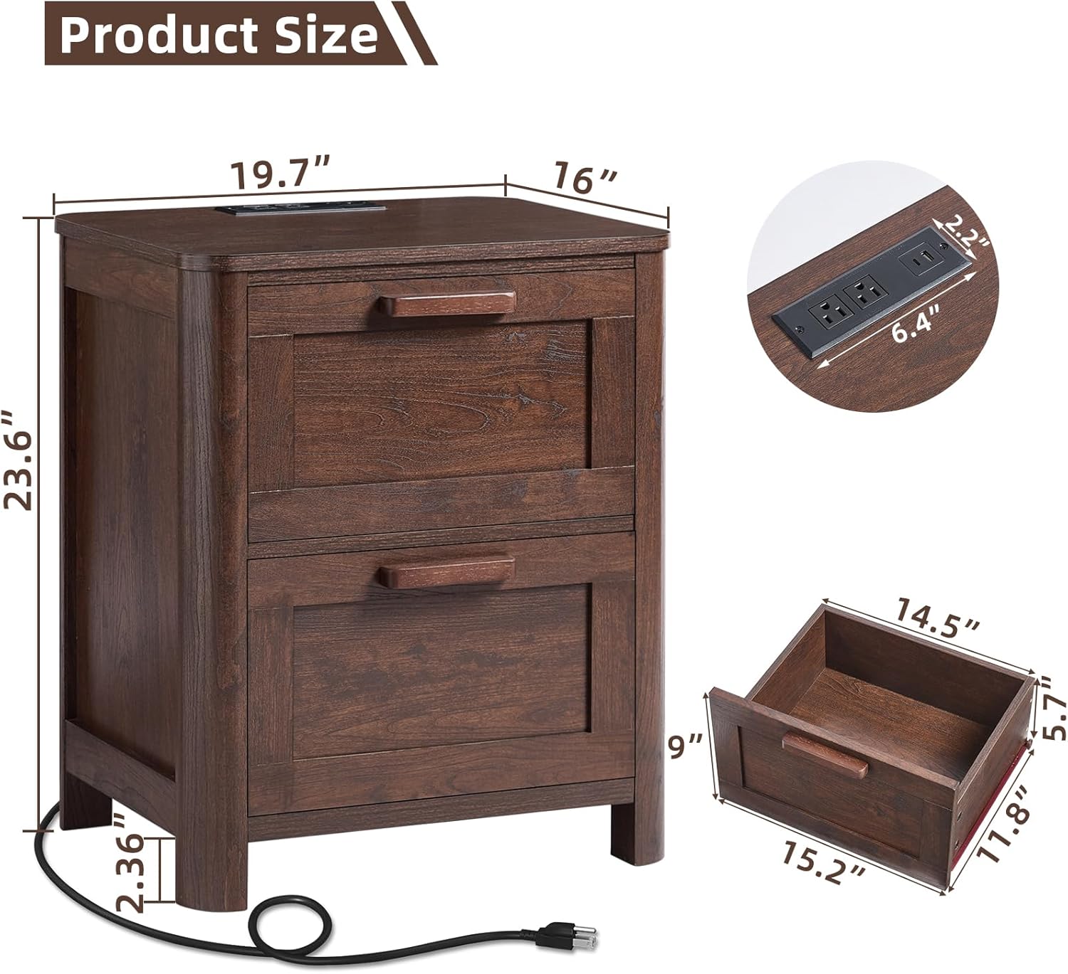 Walnut nightstand size diagram with two drawers and charging-cable port